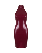 A high-shine burgundy red latex mock-neck dress by Ribcage, featuring a structured high collar, a dramatic open-back design, and a compressive second-skin pencil silhouette.