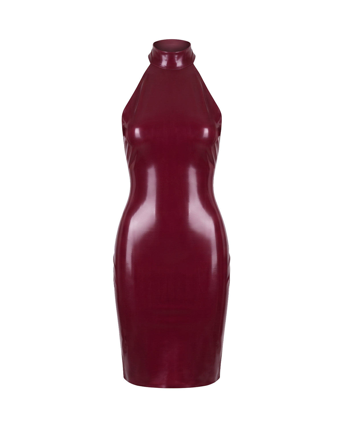 A high-shine burgundy red latex mock-neck dress by Ribcage, featuring a structured high collar, a dramatic open-back design, and a compressive second-skin pencil silhouette.