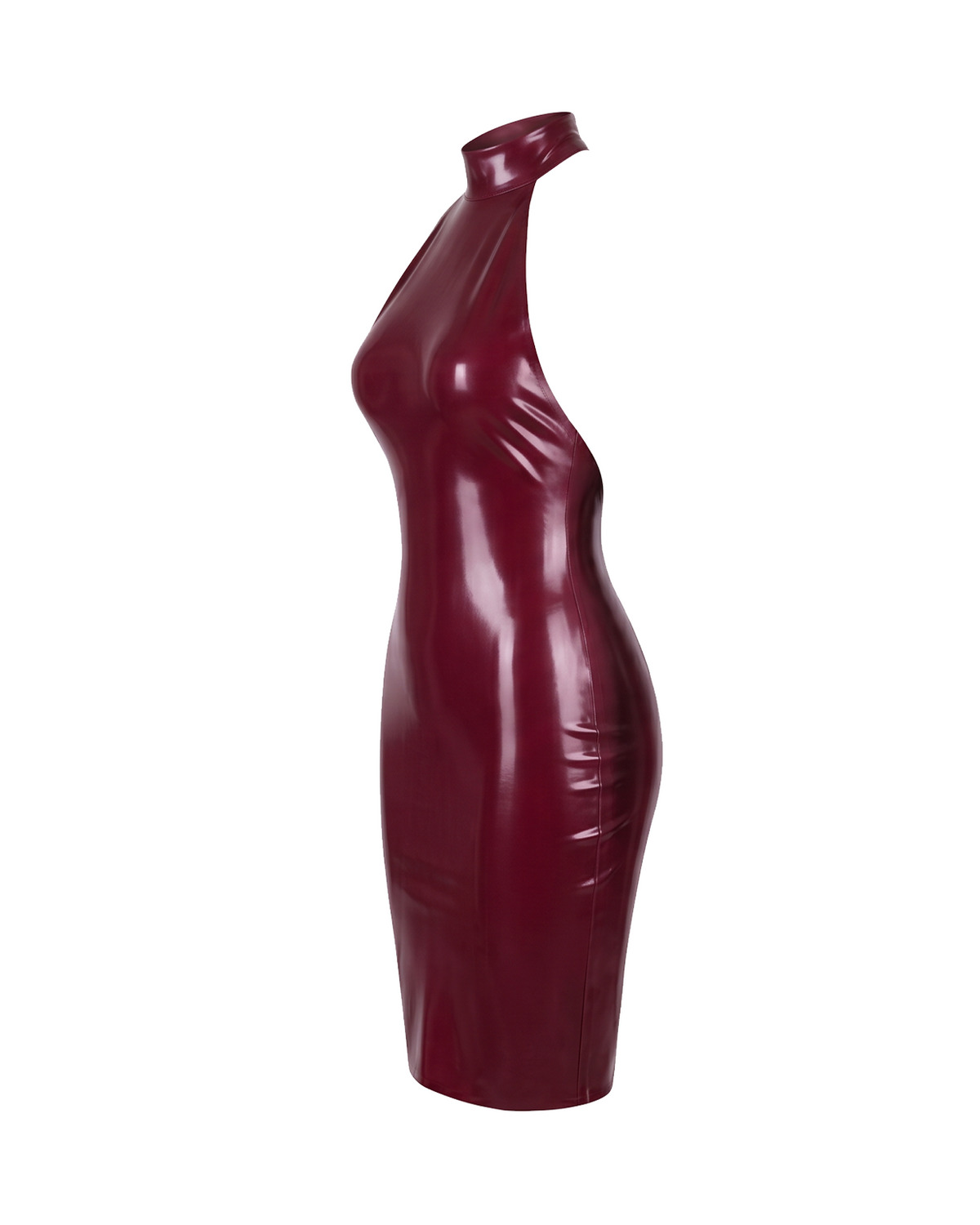 A high-shine burgundy red latex mock-neck dress by Ribcage, featuring a structured high collar, a dramatic open-back design, and a compressive second-skin pencil silhouette.
