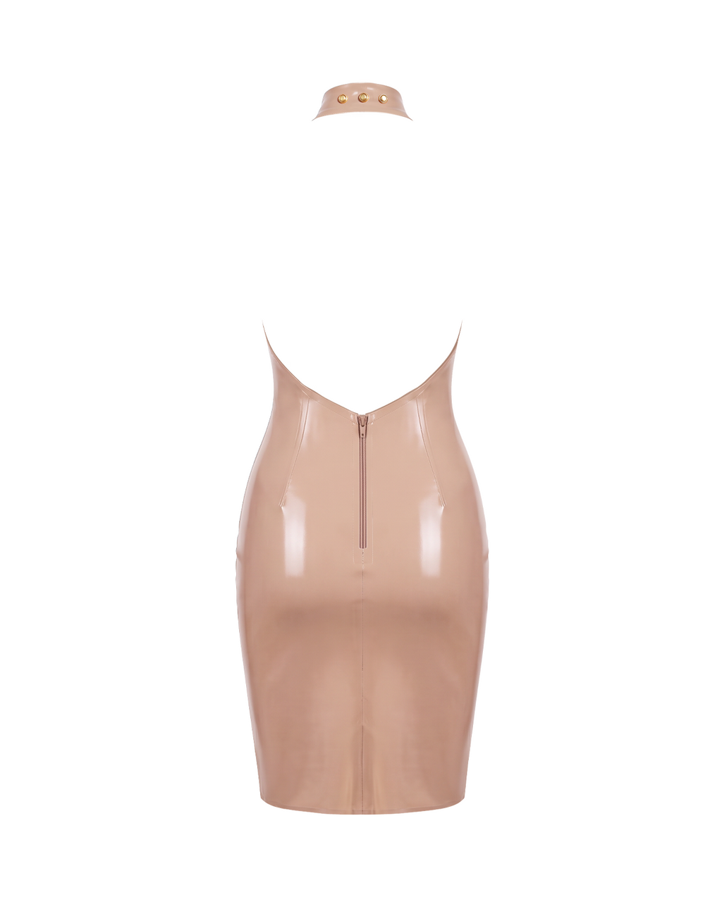 A flat-lay view of the high-shine nude latex mock-neck dress by Ribcage, shown from the back with a matching detached choker-style collar featuring gold studs. It highlights the deep open back and the vertical full-length back zipper.