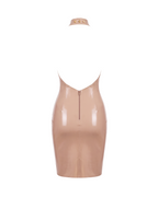 A flat-lay view of the high-shine nude latex mock-neck dress by Ribcage, shown from the back with a matching detached choker-style collar featuring gold studs. It highlights the deep open back and the vertical full-length back zipper.