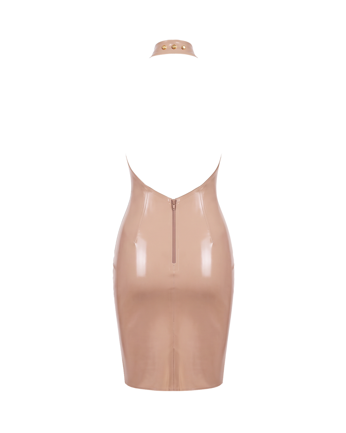 A flat-lay view of the high-shine nude latex mock-neck dress by Ribcage, shown from the back with a matching detached choker-style collar featuring gold studs. It highlights the deep open back and the vertical full-length back zipper.