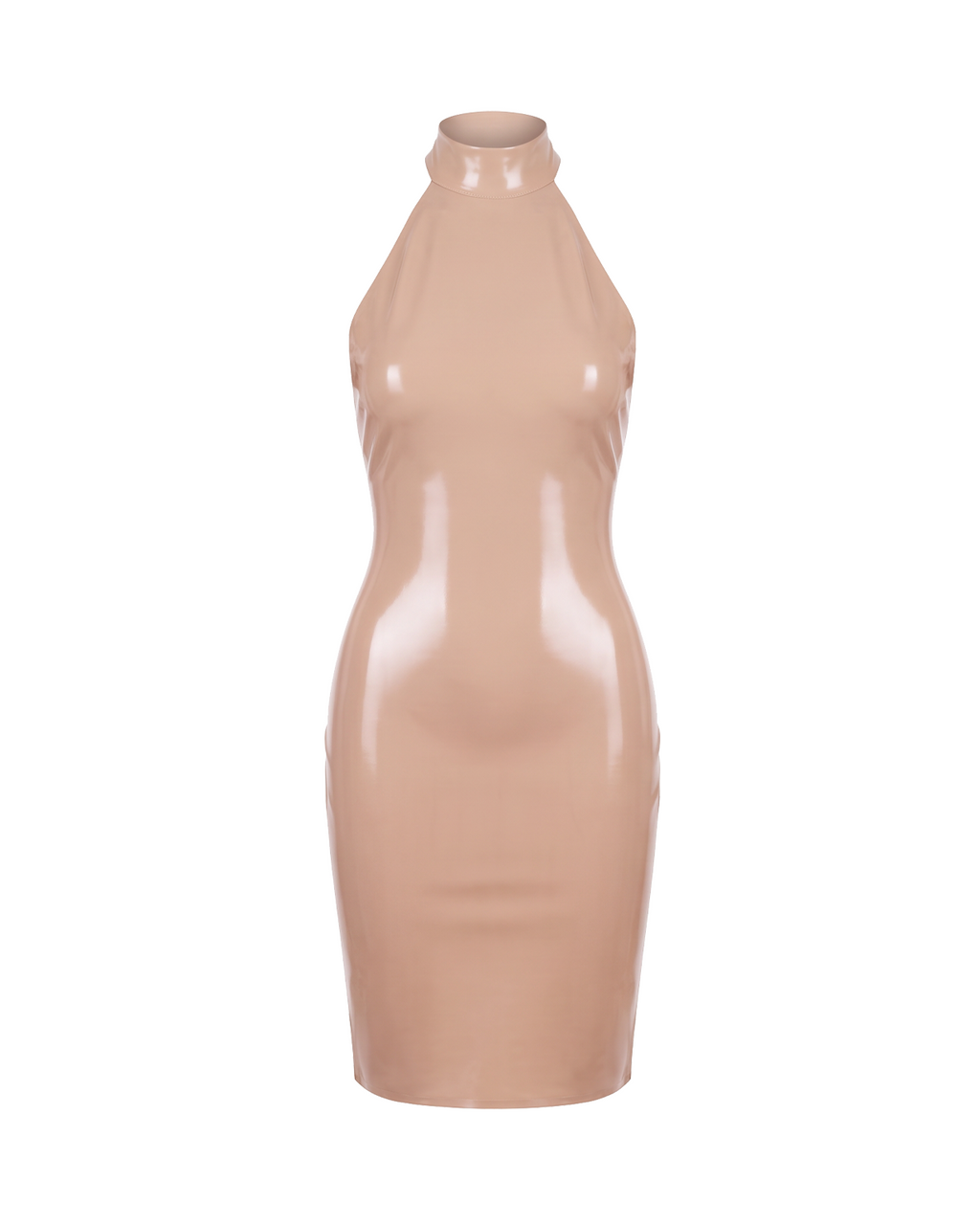 A high-shine nude latex mock-neck dress by Ribcage, featuring a structured high collar, a dramatic open-back design, and a compressive second-skin pencil silhouette.