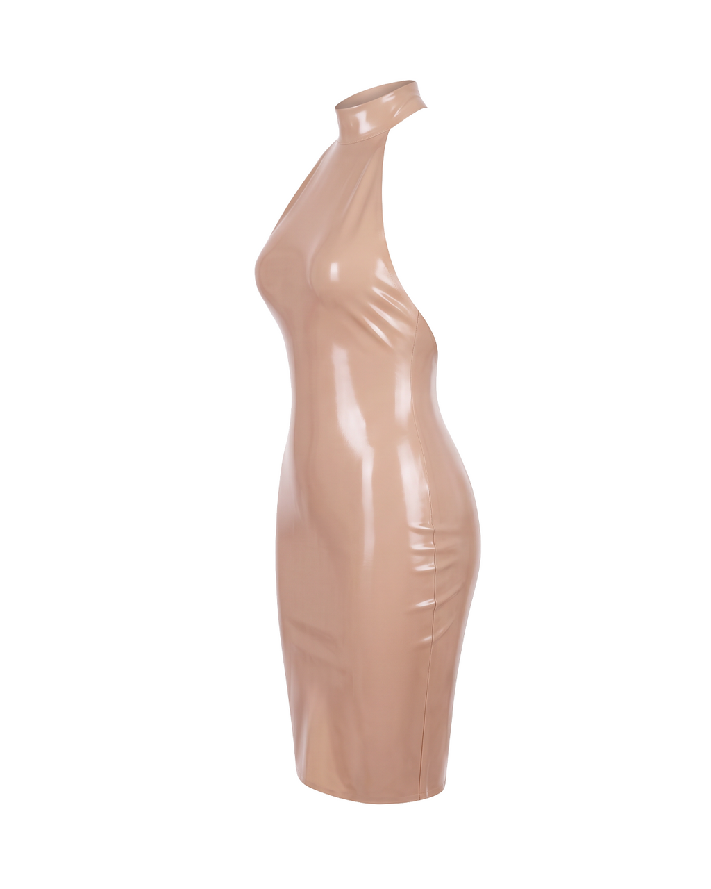 A high-shine nude latex mock-neck dress by Ribcage, featuring a structured high collar, a dramatic open-back design, and a compressive second-skin pencil silhouette.