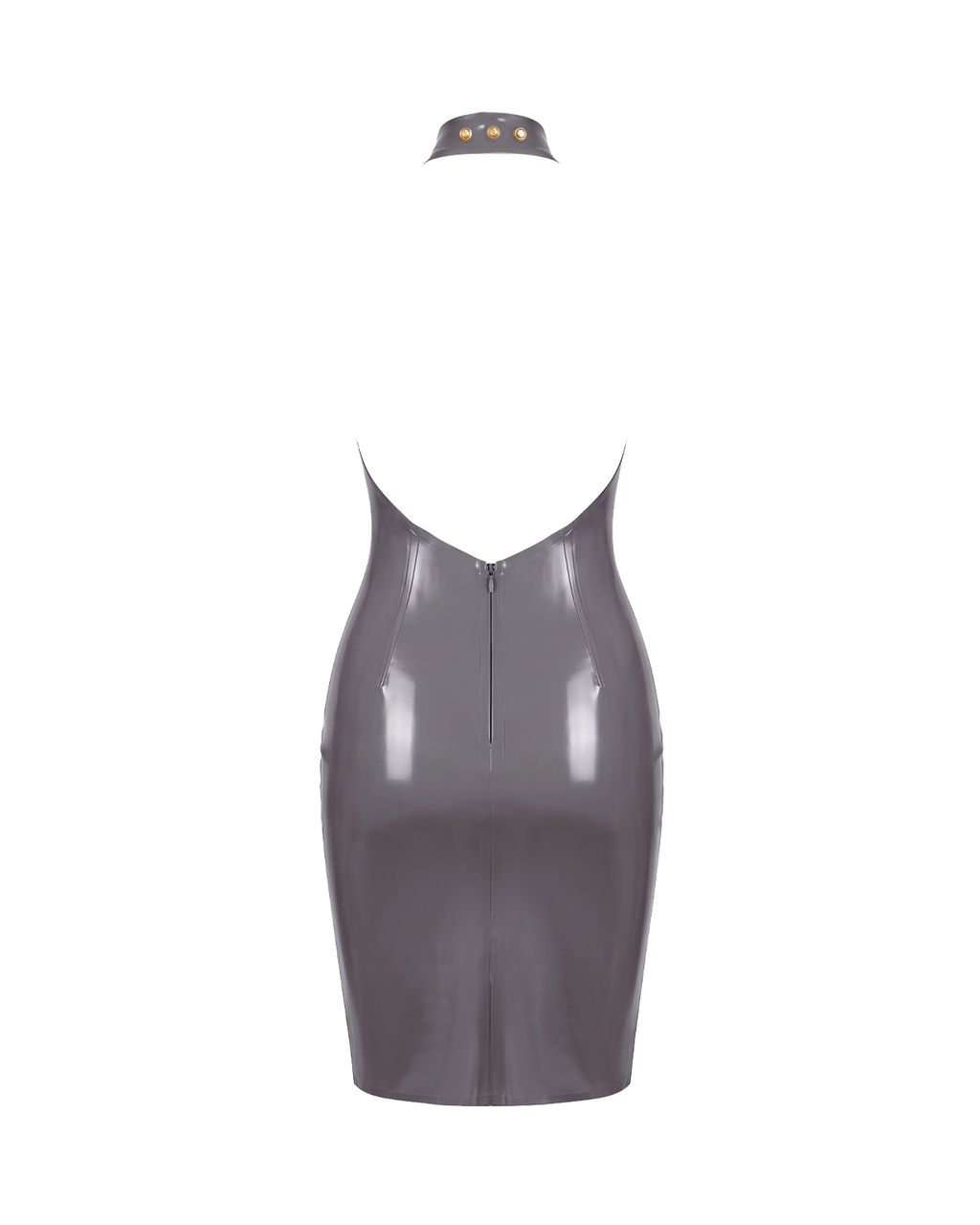 A flat-lay view of the high-shine metallic taupe-grey latex mock-neck dress by Ribcage, shown from the back with a matching detached choker-style collar featuring gold studs. It highlights the deep open back and the vertical full-length back zipper.