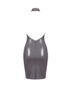 A flat-lay view of the high-shine metallic taupe-grey latex mock-neck dress by Ribcage, shown from the back with a matching detached choker-style collar featuring gold studs. It highlights the deep open back and the vertical full-length back zipper.