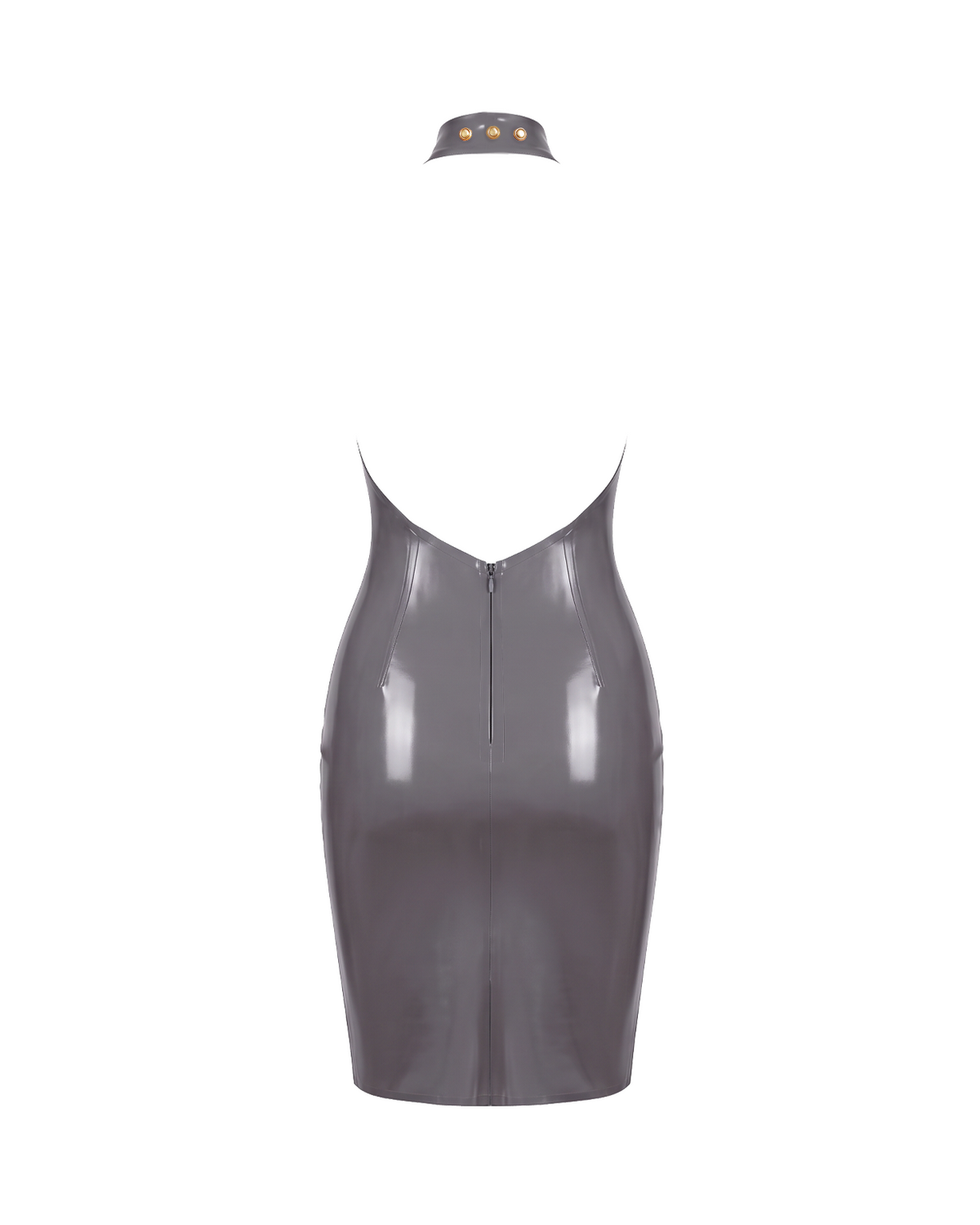 A flat-lay view of the high-shine metallic taupe-grey latex mock-neck dress by Ribcage, shown from the back with a matching detached choker-style collar featuring gold studs. It highlights the deep open back and the vertical full-length back zipper.