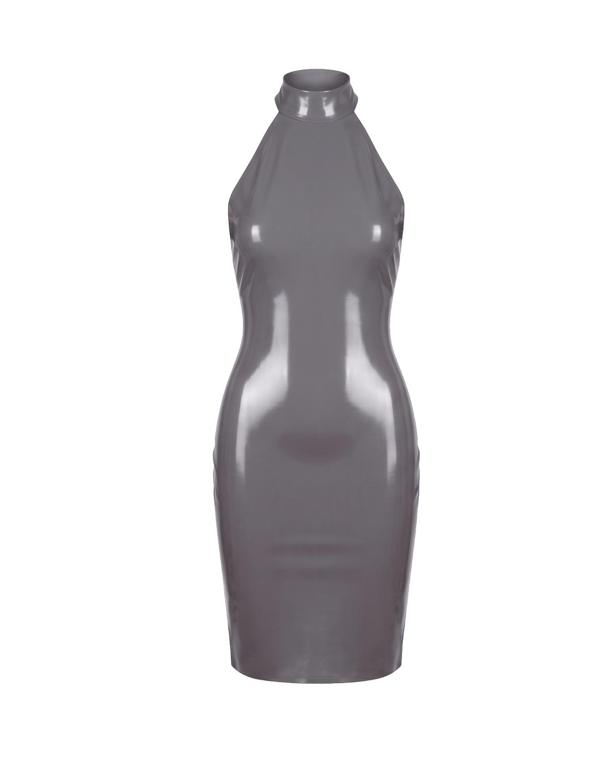 A high-shine metallic taupe-grey latex mock-neck dress by Ribcage, featuring a structured high collar, a dramatic open-back design, and a compressive second-skin pencil silhouette.