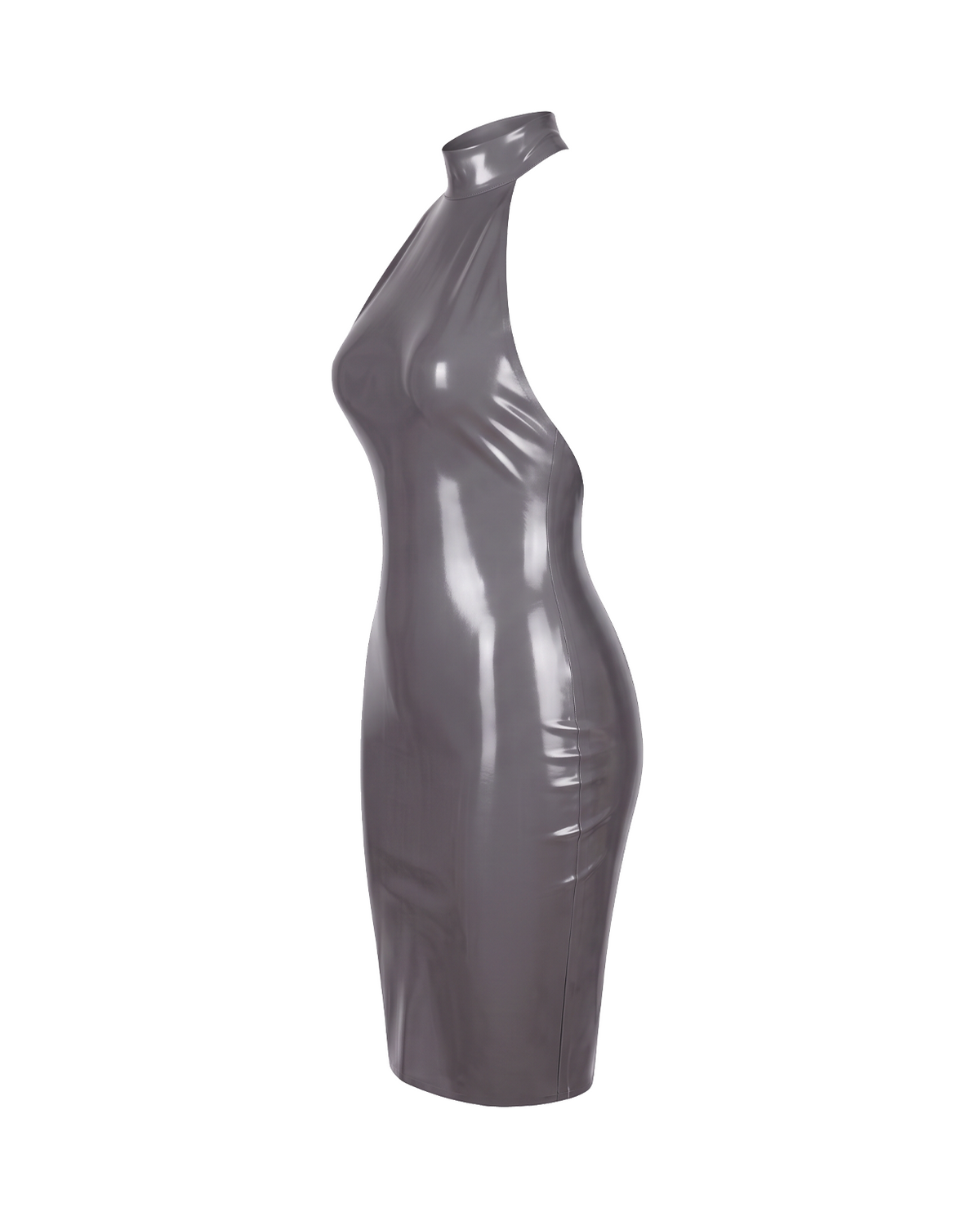 A high-shine metallic taupe-grey latex mock-neck dress by Ribcage, featuring a structured high collar, a dramatic open-back design, and a compressive second-skin pencil silhouette.