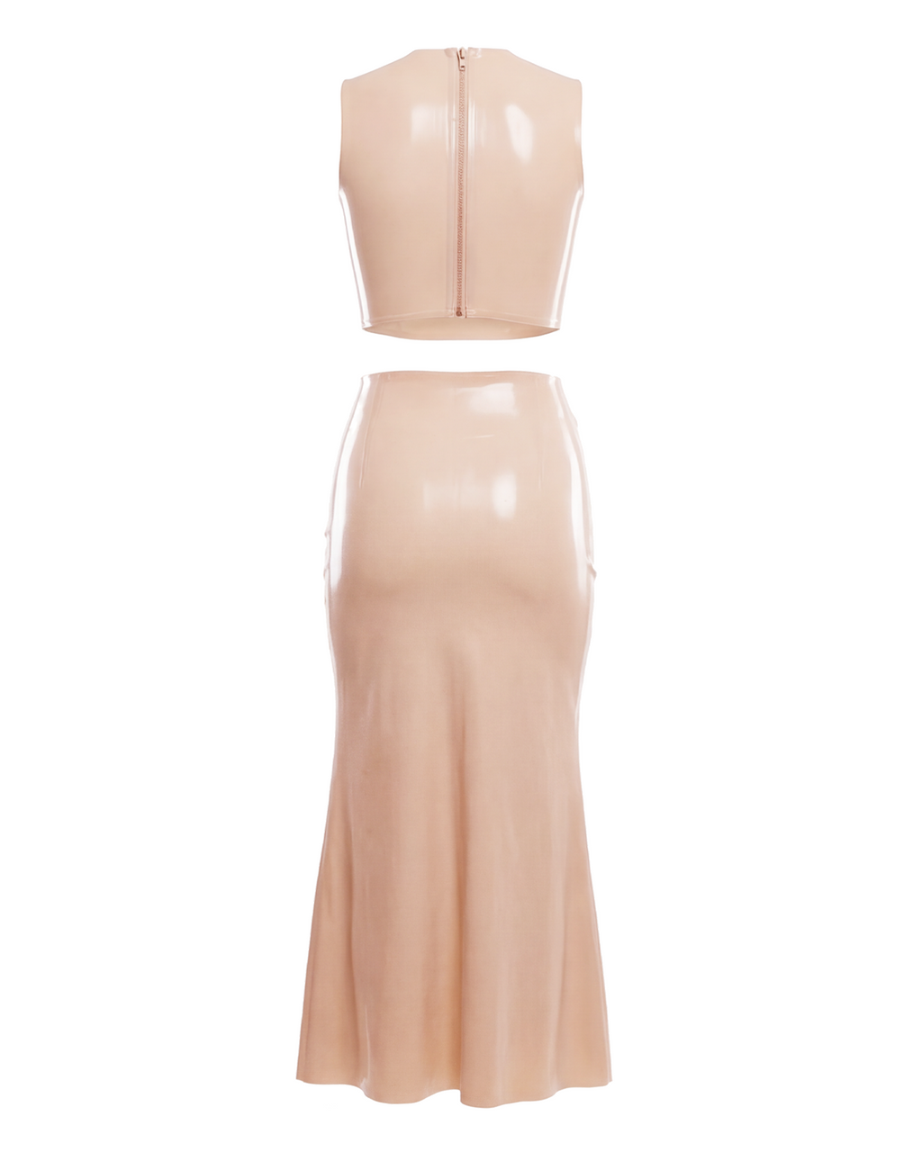 A high-shine nude latex two-piece ensemble by Ribcage, featuring a minimalist sleeveless crop top and a high-waisted maxi skirt with a dramatic side slit and a polished metal buckle accent, designed with a compressive second-skin fit.