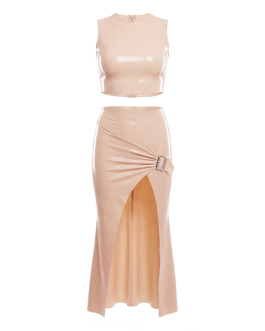 A high-shine nude latex two-piece ensemble by Ribcage, featuring a minimalist sleeveless crop top and a high-waisted maxi skirt with a dramatic side slit and a polished metal buckle accent, designed with a compressive second-skin fit.