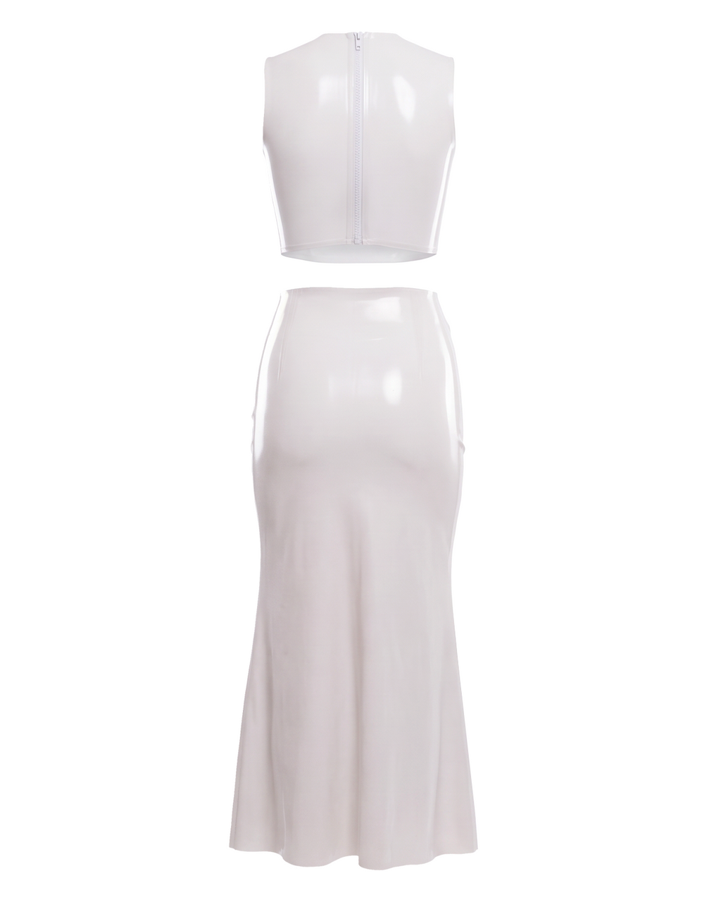 A high-shine white latex two-piece ensemble by Ribcage, featuring a minimalist sleeveless crop top and a high-waisted maxi skirt with a dramatic side slit and a polished metal buckle accent, designed with a compressive second-skin fit.