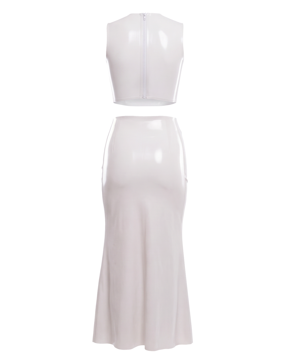 A high-shine white latex two-piece ensemble by Ribcage, featuring a minimalist sleeveless crop top and a high-waisted maxi skirt with a dramatic side slit and a polished metal buckle accent, designed with a compressive second-skin fit.