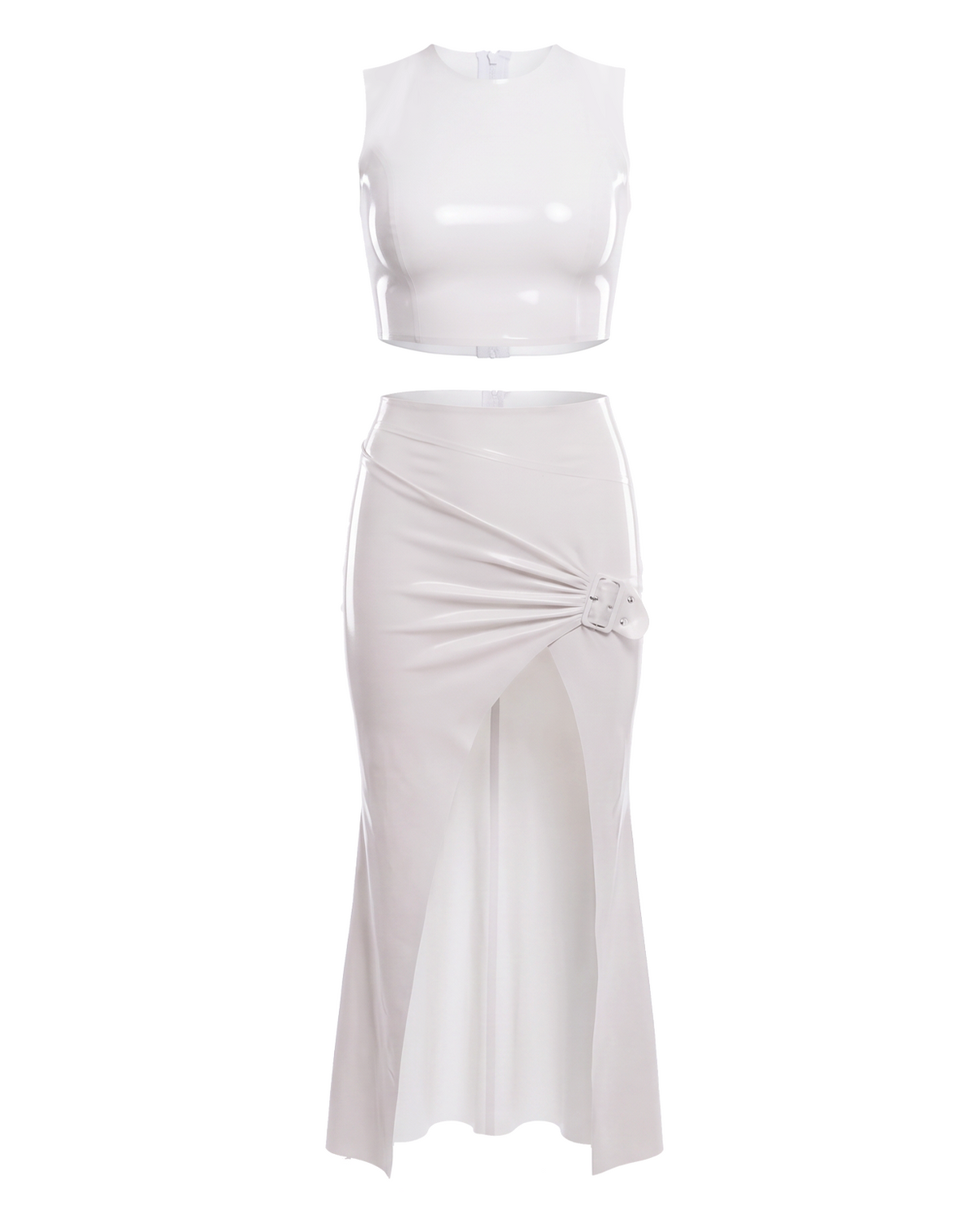 A high-shine white latex two-piece ensemble by Ribcage, featuring a minimalist sleeveless crop top and a high-waisted maxi skirt with a dramatic side slit and a polished metal buckle accent, designed with a compressive second-skin fit.