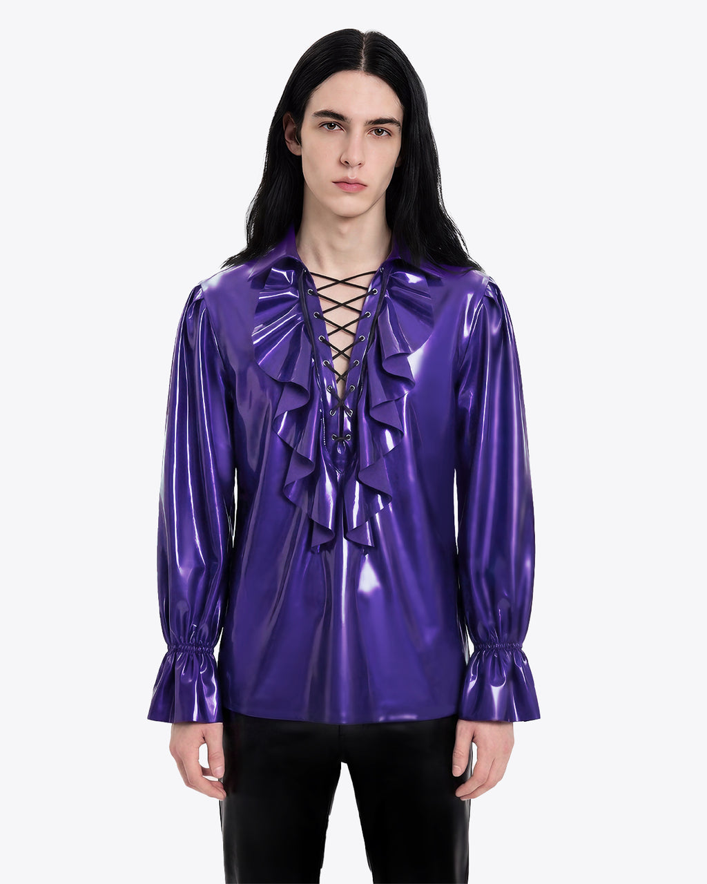 A model shown from the front wearing the high-shine metallic purple latex Phantom Ruffled Lace-up Blouse by Ribcage, featuring an intricate front lace-up closure framed by voluminous ruffled trims.