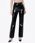 A model shown from the front wearing the heavyweight black latex Phantom Straight-Leg Trousers by Ribcage, featuring a clean straight-leg cut, belt loops, and a front closure.