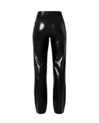 A back view of the heavyweight black latex Phantom Straight-Leg Trousers by Ribcage, emphasizing the compressive second-skin fit and high-gloss finish.