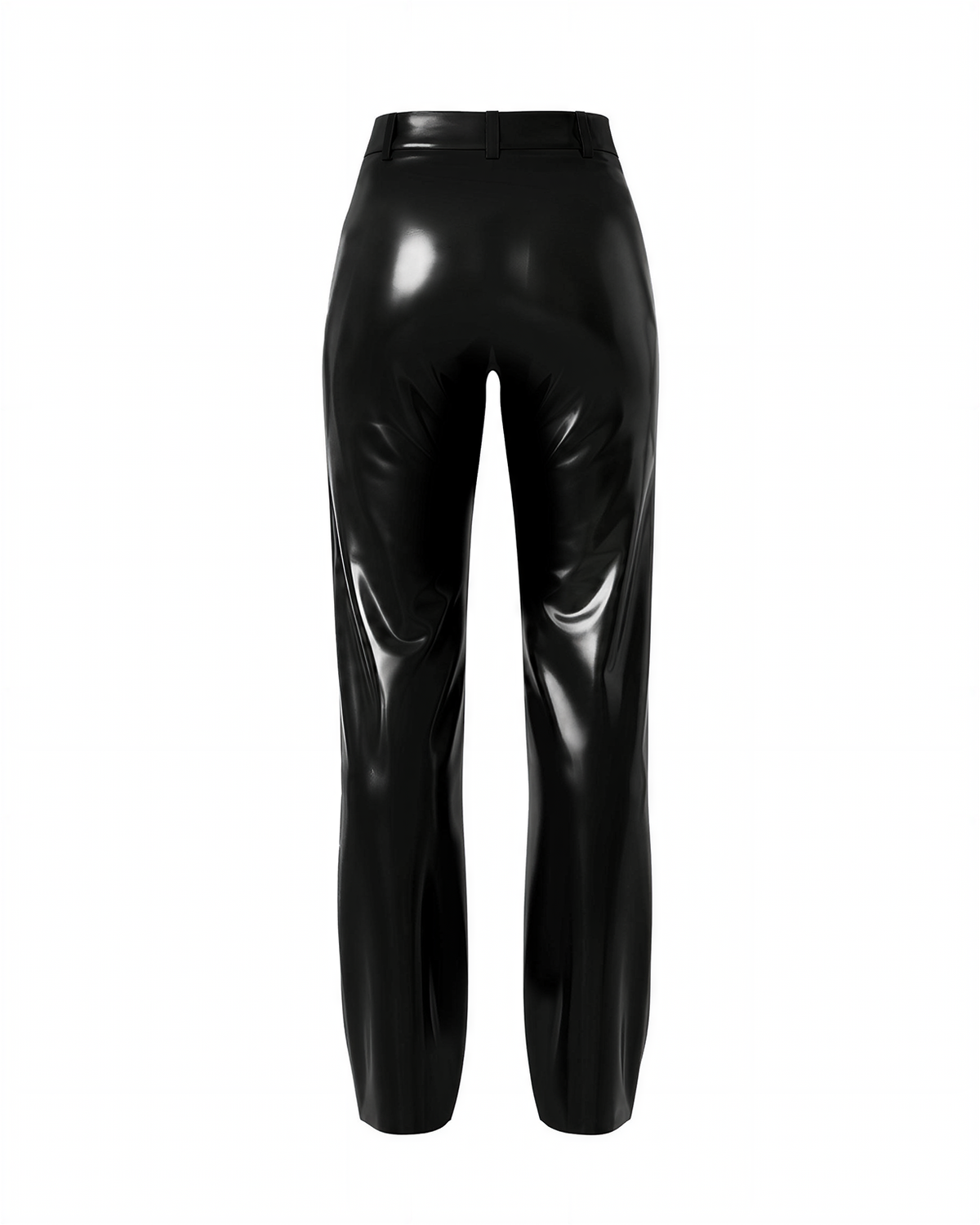 A back view of the heavyweight black latex Phantom Straight-Leg Trousers by Ribcage, emphasizing the compressive second-skin fit and high-gloss finish.