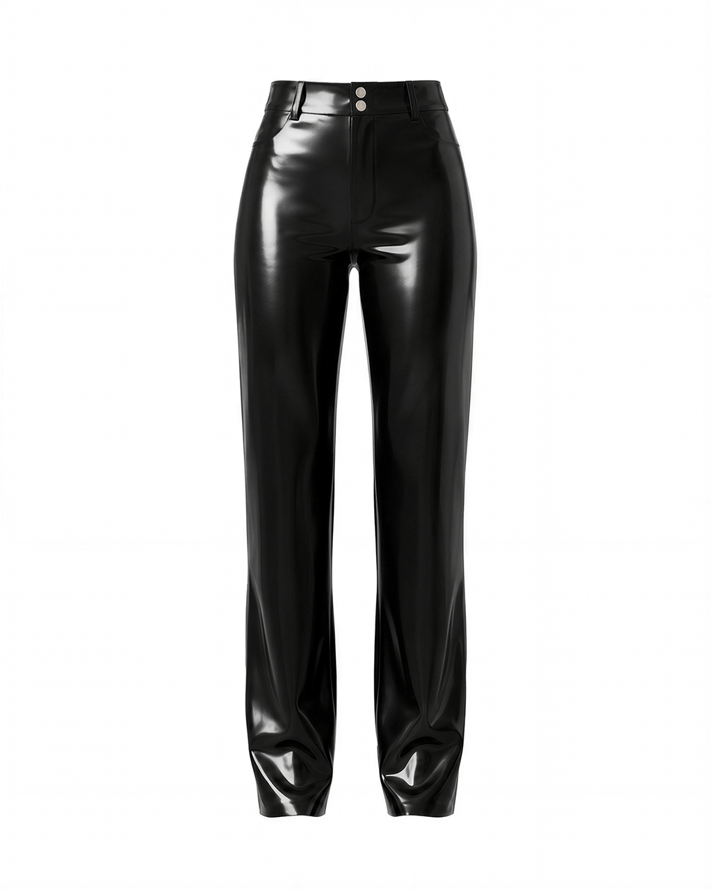 A front view of the high-shine black latex Phantom Straight-Leg Trousers by Ribcage, highlighting the clean structural design and architectural fit.