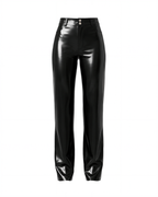 A front view of the high-shine black latex Phantom Straight-Leg Trousers by Ribcage, highlighting the clean structural design and architectural fit.