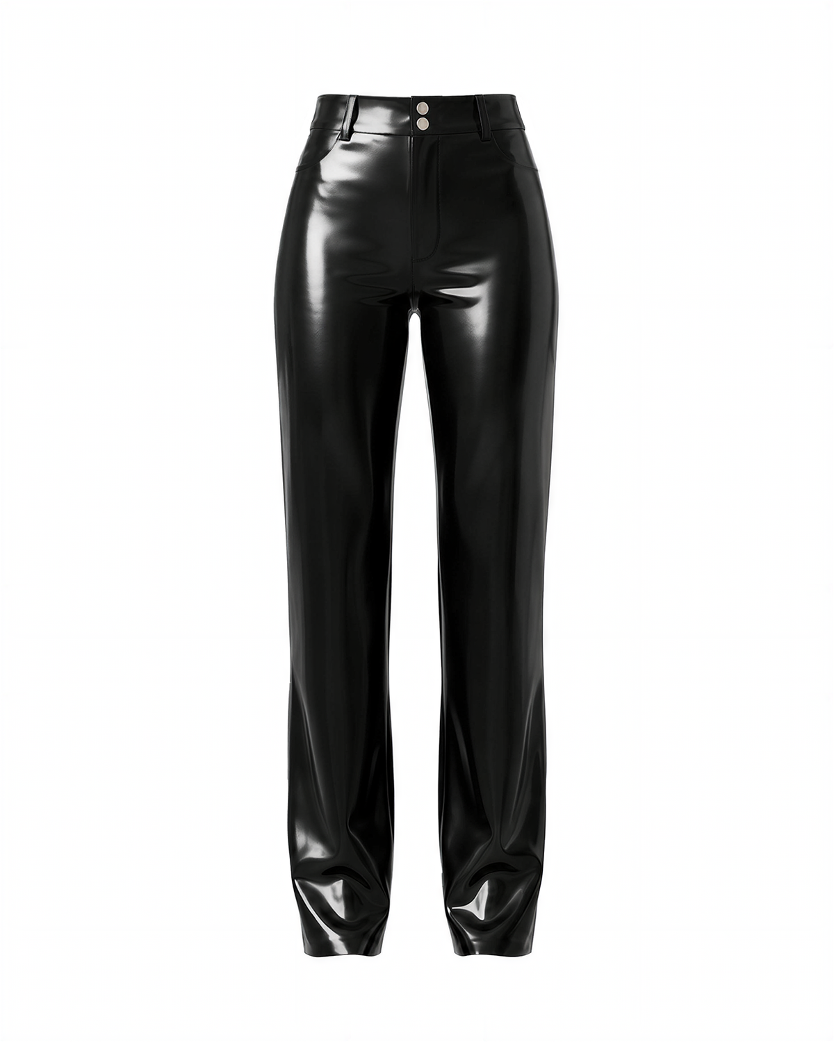 A front view of the high-shine black latex Phantom Straight-Leg Trousers by Ribcage, highlighting the clean structural design and architectural fit.