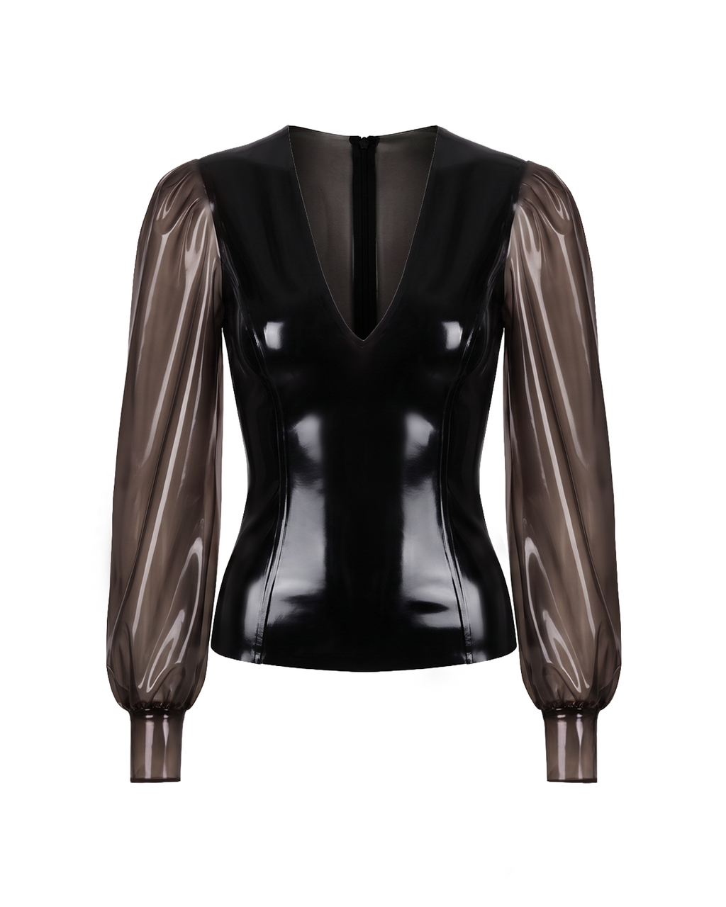 A front view of the high-shine solid black latex Ripple Blouse by Ribcage, showcasing the sharp architectural bodice and contrasting semi-transparent sleeves.