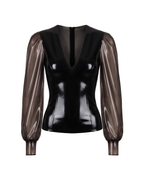 A front view of the high-shine solid black latex Ripple Blouse by Ribcage, showcasing the sharp architectural bodice and contrasting semi-transparent sleeves.