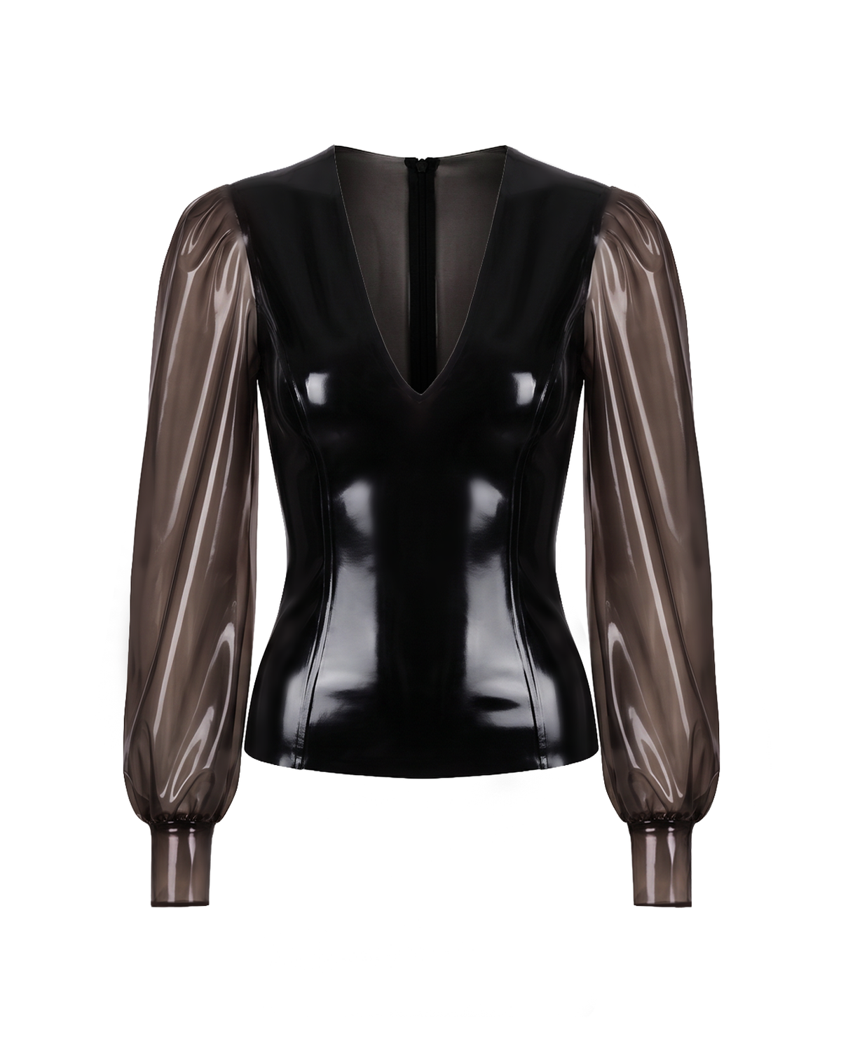 A front view of the high-shine solid black latex Ripple Blouse by Ribcage, showcasing the sharp architectural bodice and contrasting semi-transparent sleeves.