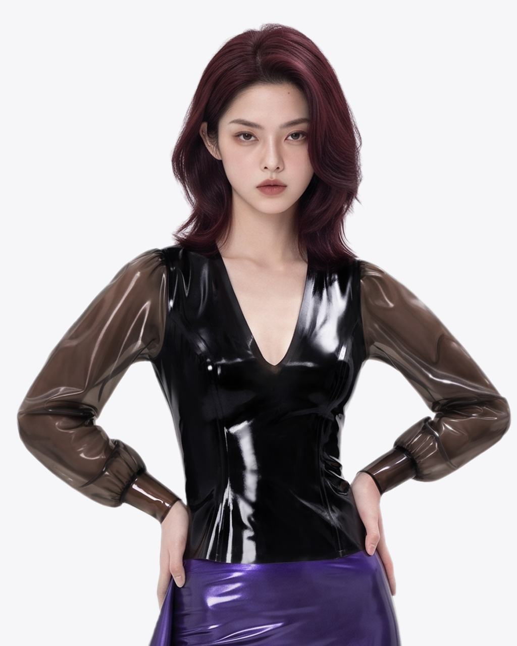 A model shown from the front wearing the high-shine black latex Ripple Blouse by Ribcage, highlighting the deep V-neckline and semi-transparent smoky balloon sleeves.