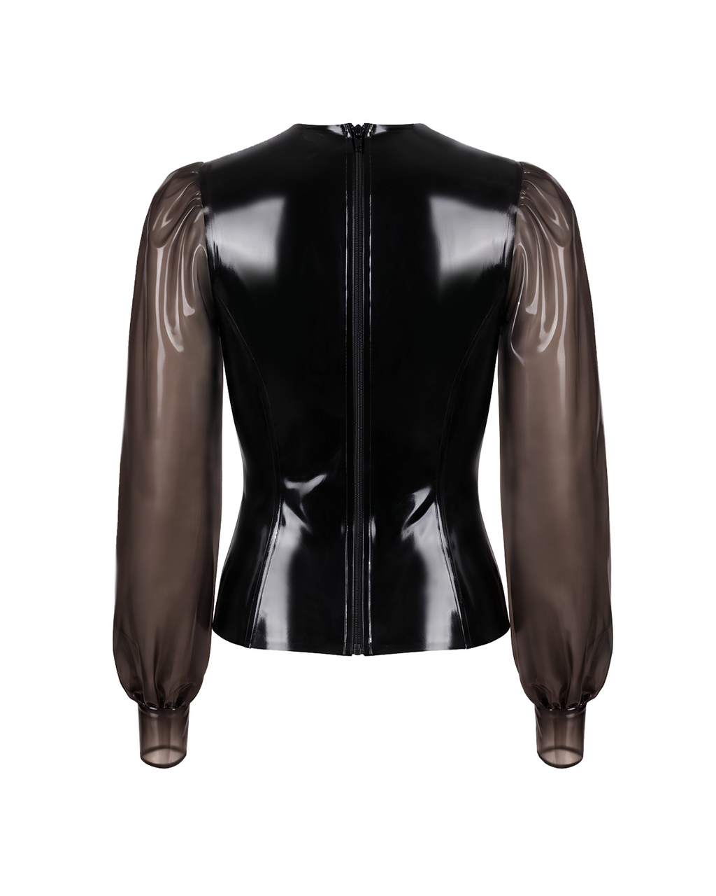 A back view of the high-shine black latex Ripple Blouse by Ribcage, emphasizing the full-length zipper closure and sleek fitted cuffs.