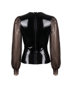 A back view of the high-shine black latex Ripple Blouse by Ribcage, emphasizing the full-length zipper closure and sleek fitted cuffs.