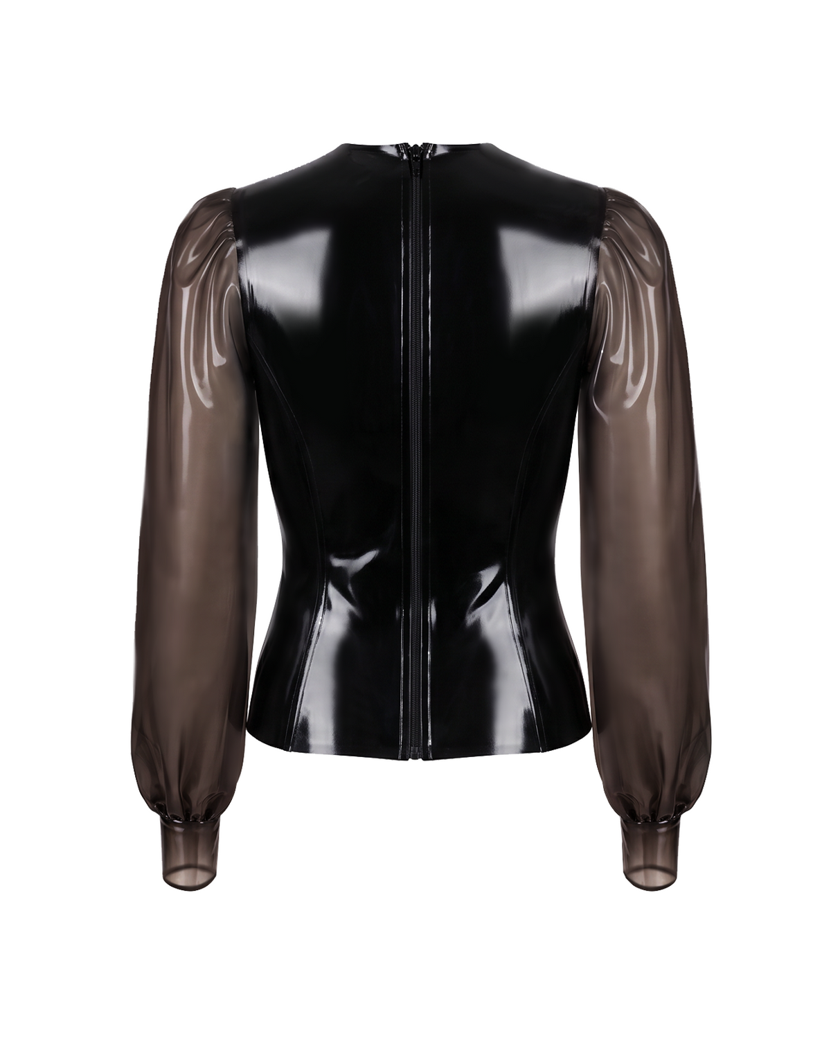 A back view of the high-shine black latex Ripple Blouse by Ribcage, emphasizing the full-length zipper closure and sleek fitted cuffs.