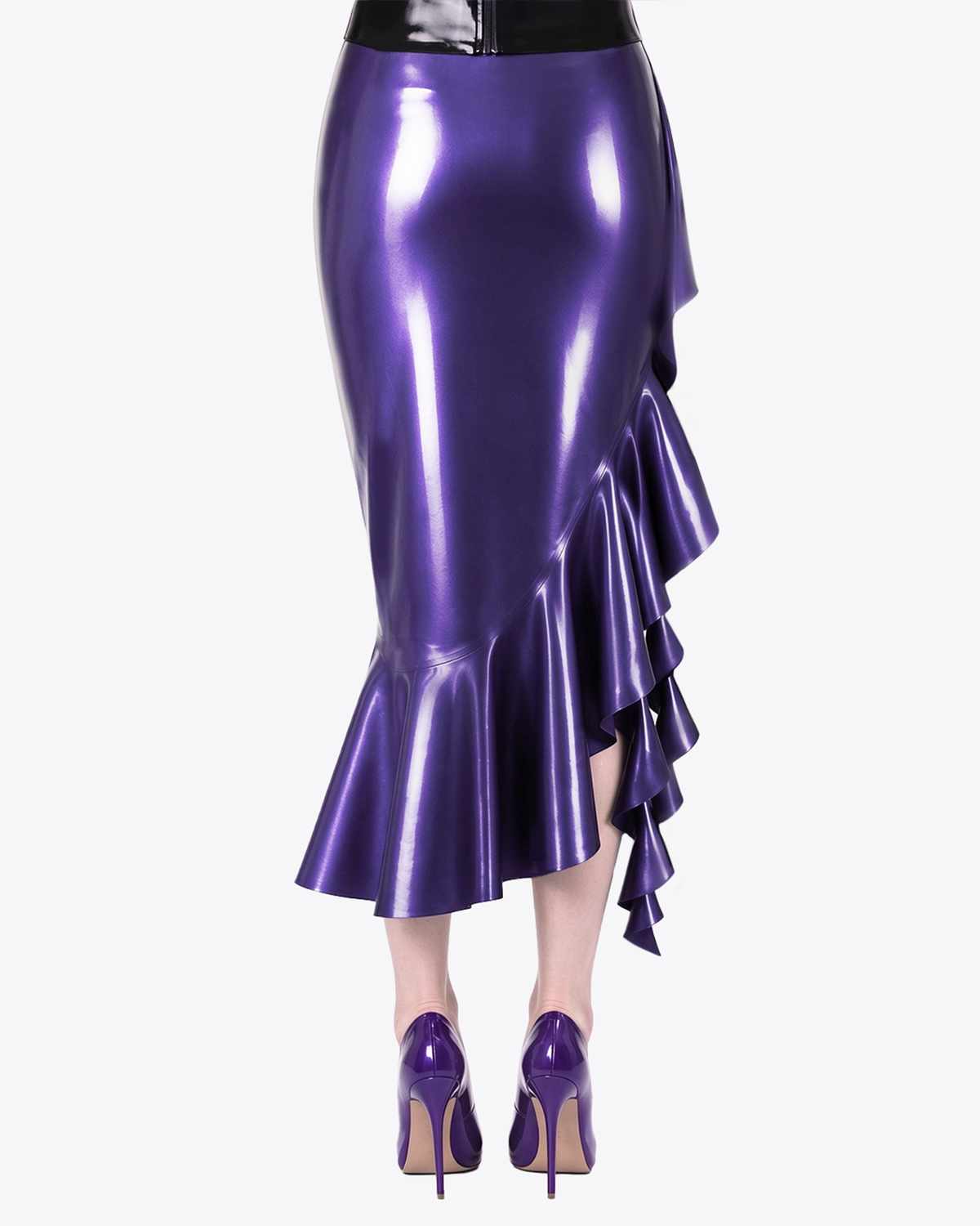 A back view of a model wearing the high-shine metallic purple latex Ripple Mermaid Skirt by Ribcage, highlighting the seamless, compressive fit and dramatic flared hem.
