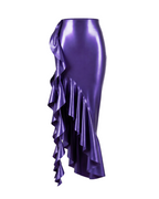 A front view of the high-shine metallic purple latex Ripple Mermaid Skirt by Ribcage, showcasing the sleek, hardware-free construction and voluminous asymmetrical ruffle.