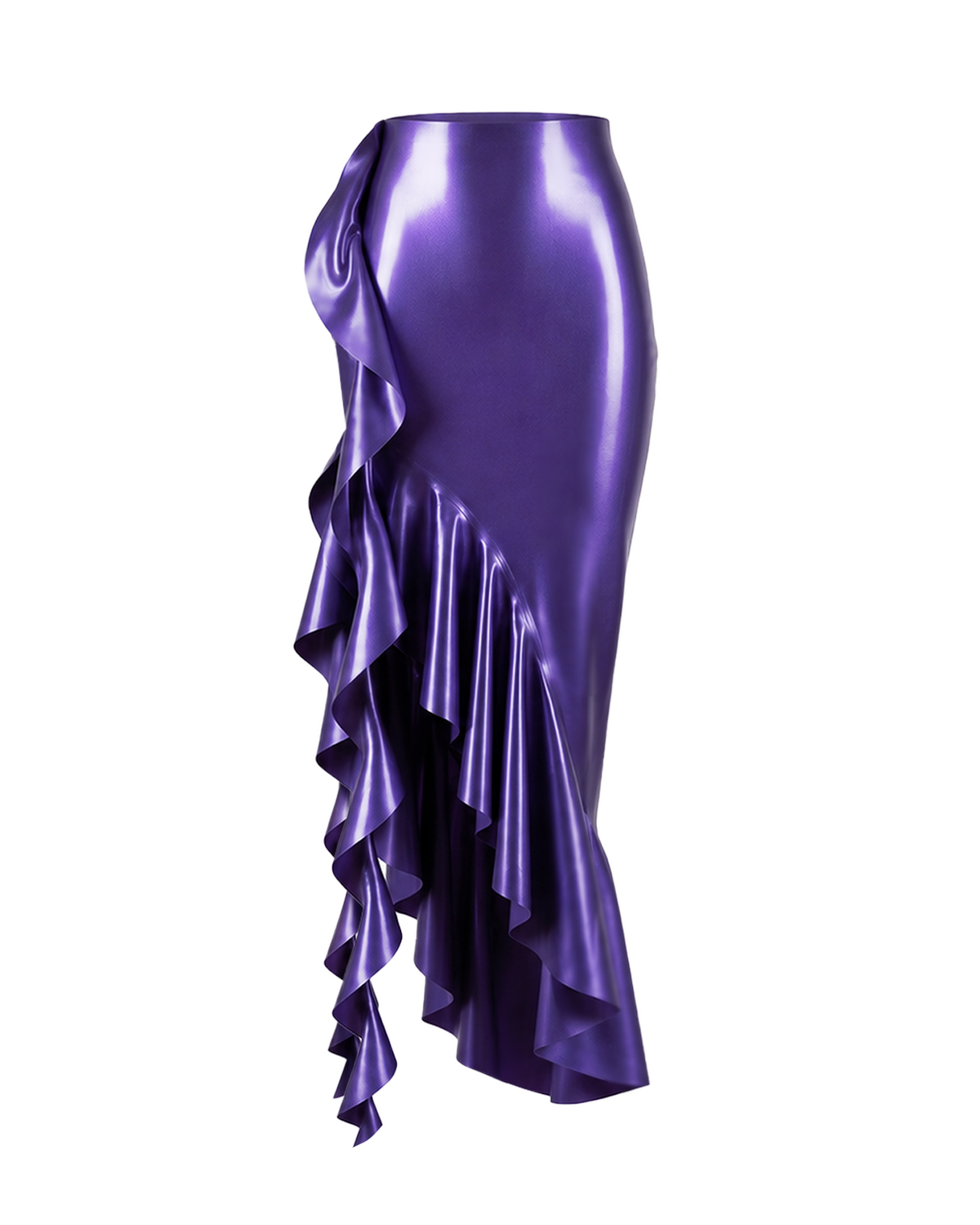 A front view of the high-shine metallic purple latex Ripple Mermaid Skirt by Ribcage, showcasing the sleek, hardware-free construction and voluminous asymmetrical ruffle.