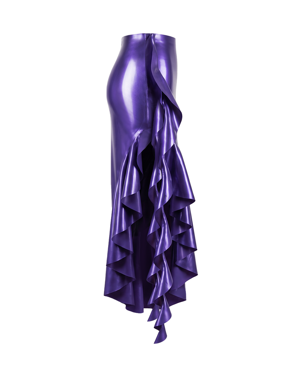 A side view of the high-shine metallic purple latex Ripple Mermaid Skirt by Ribcage, displaying the dramatic contrast between the streamlined fit and the cascading flounce hem.