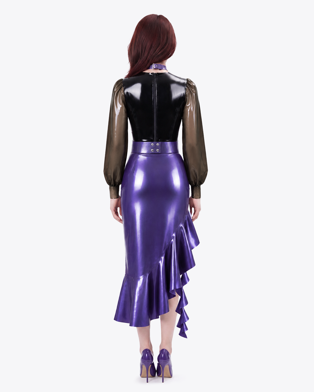 A back view of a model wearing the metallic purple and black latex Ripple Suit by Ribcage, highlighting the semi-transparent balloon sleeves, back zipper closure, and the cascading flounce skirt hem.