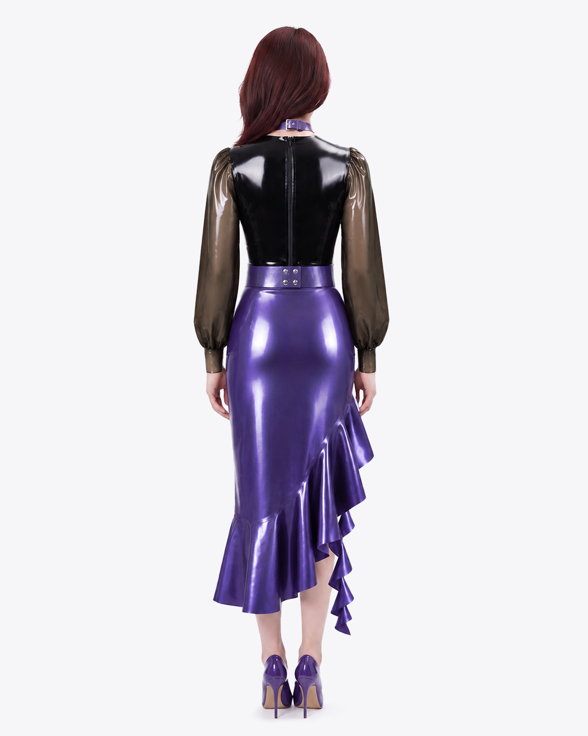 A back view of a model wearing the metallic purple and black latex Ripple Suit by Ribcage, highlighting the semi-transparent balloon sleeves, back zipper closure, and the cascading flounce skirt hem.