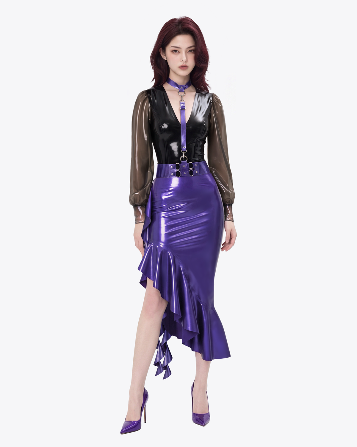 A model shown from the front wearing the metallic purple and black latex Ripple Suit by Ribcage, featuring a black blouse with semi-transparent balloon sleeves, a matching purple harness, and an asymmetrical mermaid skirt.