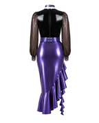 A back view of the complete metallic purple and black latex Ripple Suit by Ribcage, emphasizing the full-length blouse zipper, matching purple waist belt, and dramatic asymmetrical skirt drape.