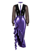 A front view of the complete metallic purple and black latex Ripple Suit by Ribcage, showcasing the deep V-neck blouse with semi-transparent sleeves, structural purple harness, and high-waisted mermaid skirt.
