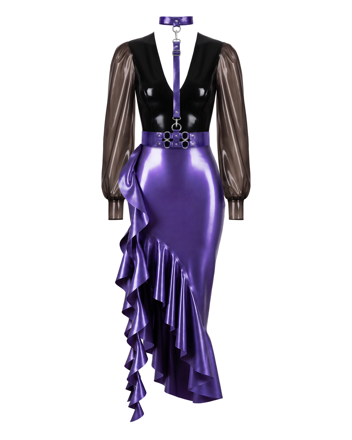 A front view of the complete metallic purple and black latex Ripple Suit by Ribcage, showcasing the deep V-neck blouse with semi-transparent sleeves, structural purple harness, and high-waisted mermaid skirt.