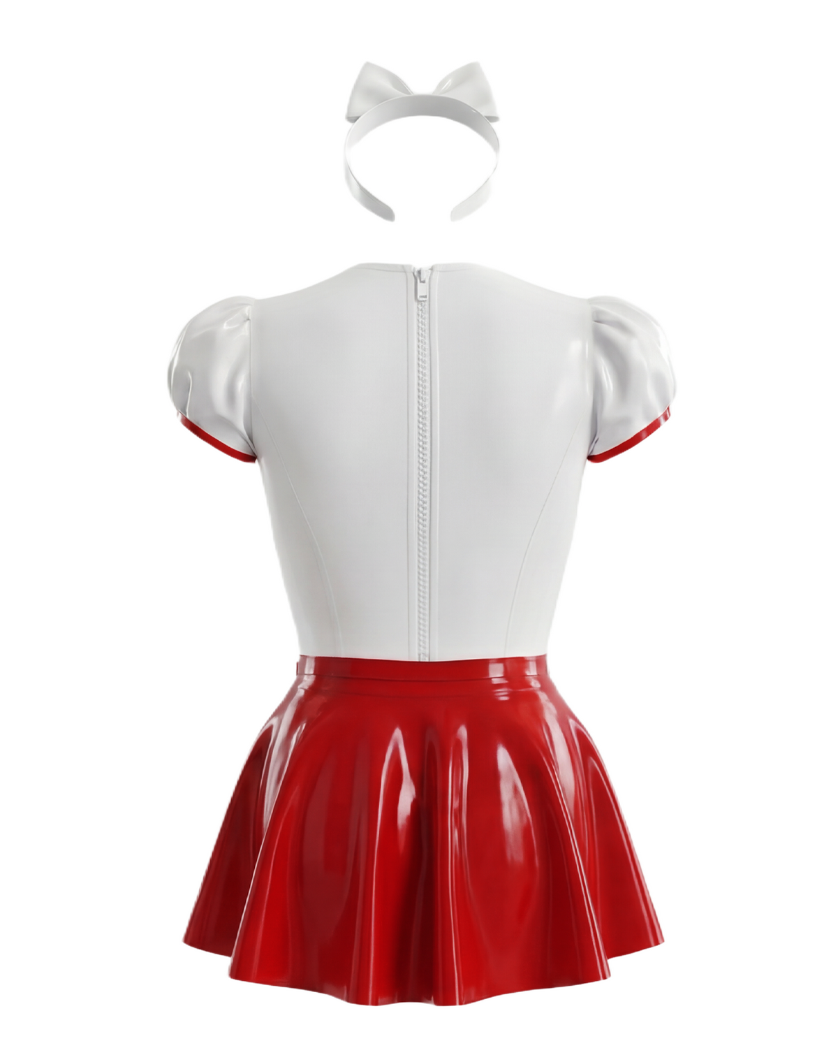 A back view of the high-shine white and red latex dress by Ribcage, displaying a white top with a sweetheart neckline and red trim on the puff sleeves, a matching high-waisted flared red mini skirt with a front bow, and a white bow headband placed above the top.