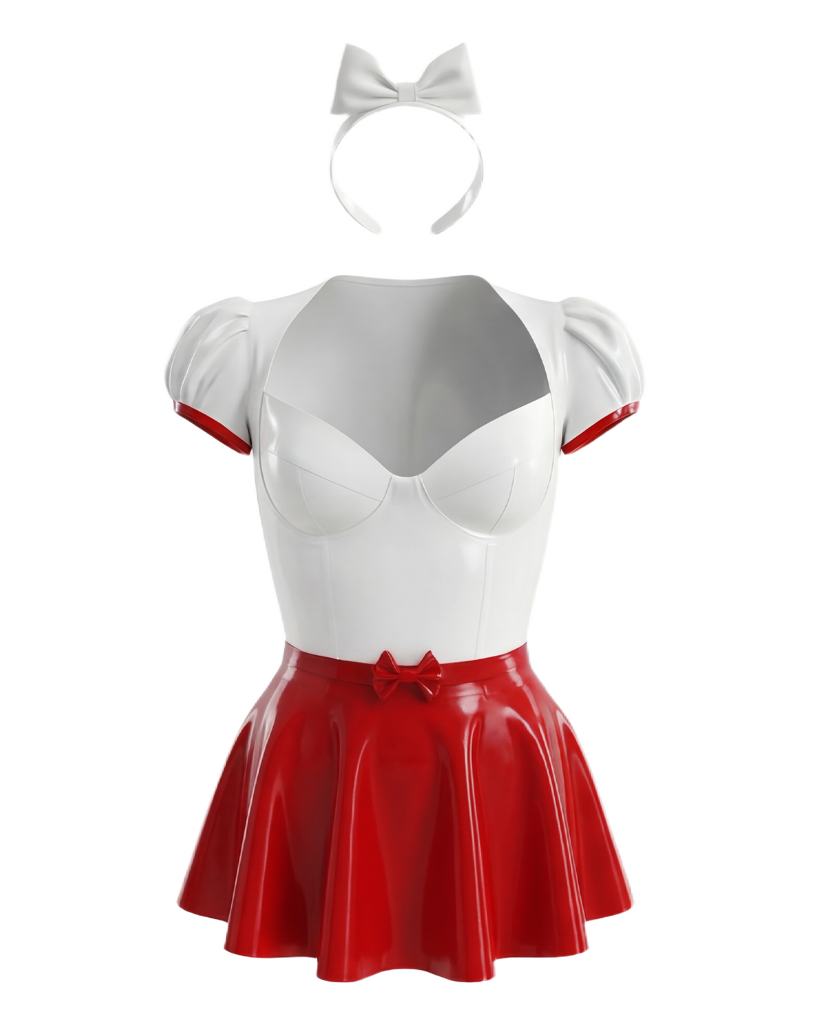 A front view of the high-shine white and red latex dress by Ribcage, displaying a white top with a sweetheart neckline and red trim on the puff sleeves, a matching high-waisted flared red mini skirt with a front bow, and a white bow headband placed above the top.
