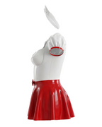 A front view of the high-shine white and red latex dress by Ribcage, displaying a white top with a sweetheart neckline and red trim on the puff sleeves, a matching high-waisted flared red mini skirt with a front bow, and a white bow headband placed above the top.