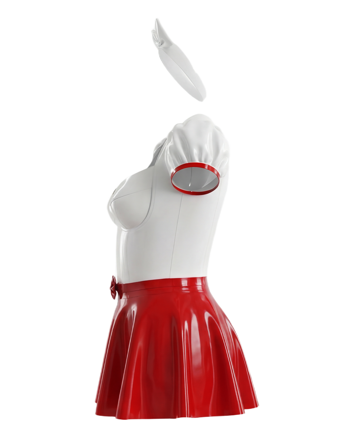 A front view of the high-shine white and red latex dress by Ribcage, displaying a white top with a sweetheart neckline and red trim on the puff sleeves, a matching high-waisted flared red mini skirt with a front bow, and a white bow headband placed above the top.
