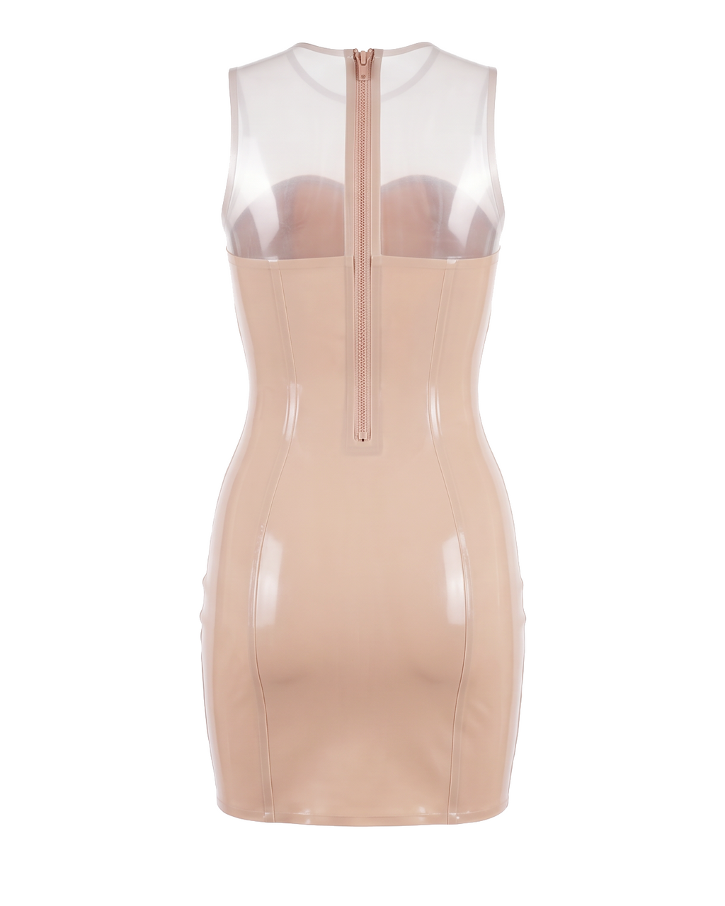 A high-shine nude latex dress by Ribcage, featuring a scoop neckline, sleeveless sheer transparent shoulders, a striking contrast between opaque body panels, and a compressive second-skin pencil silhouette.