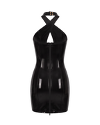 A high-shine black latex halter-neck dress by Ribcage, featuring a striking geometric cutout at the bust, a secure metal neck fastening, and a compressive second-skin pencil silhouette.