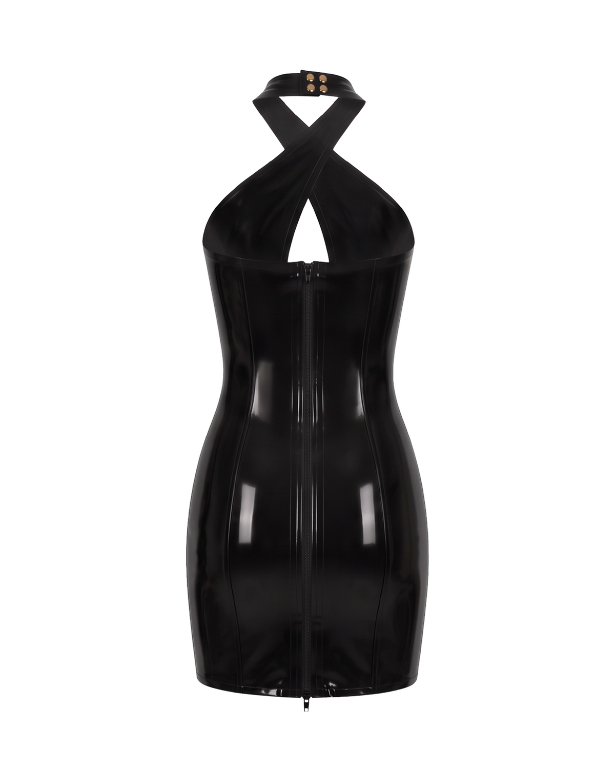 A high-shine black latex halter-neck dress by Ribcage, featuring a striking geometric cutout at the bust, a secure metal neck fastening, and a compressive second-skin pencil silhouette.