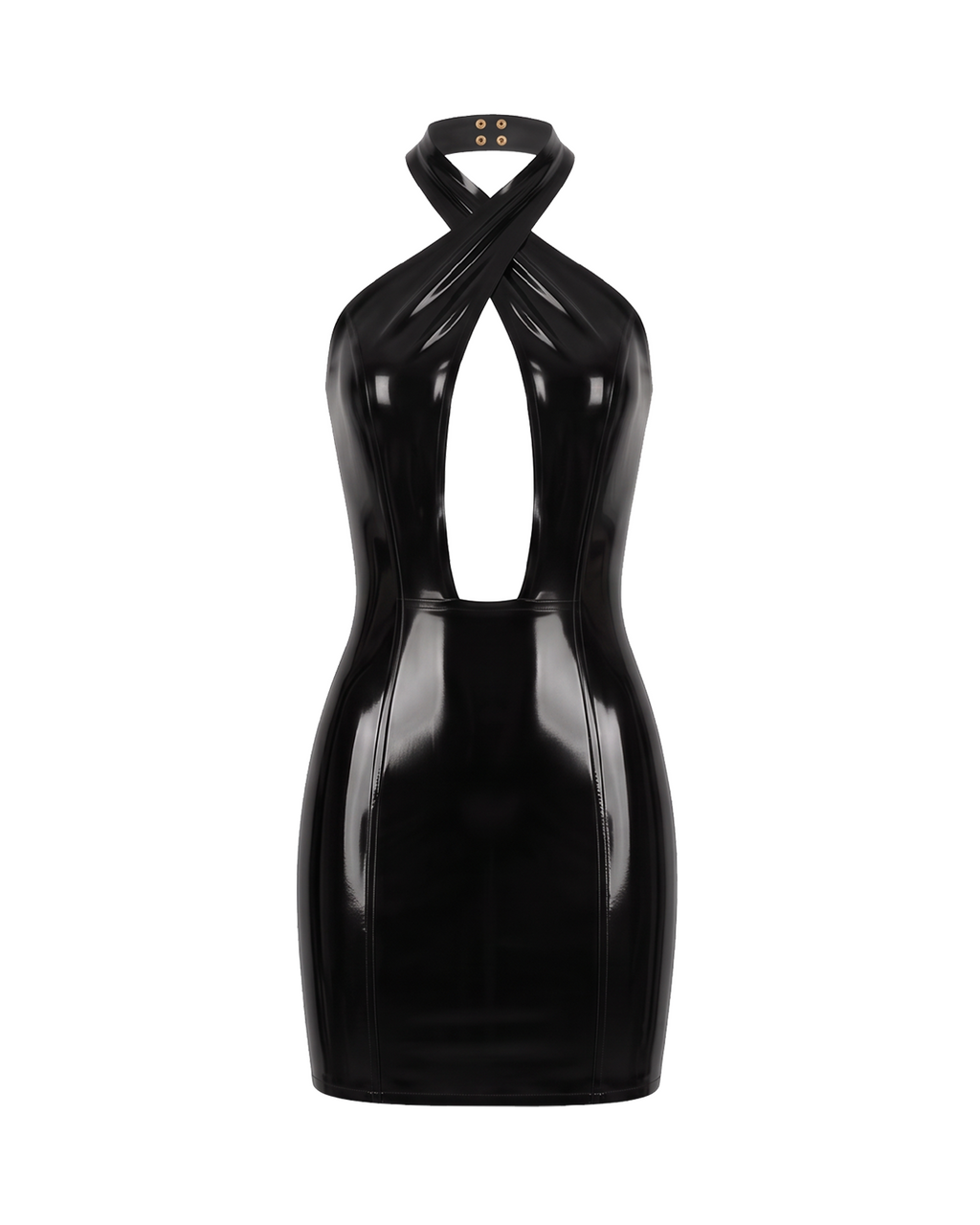 A high-shine black latex halter-neck dress by Ribcage, featuring a striking geometric cutout at the bust, a secure metal neck fastening, and a compressive second-skin pencil silhouette.